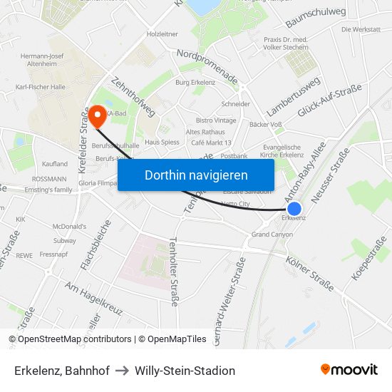 Erkelenz, Bahnhof to Willy-Stein-Stadion map