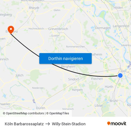 Köln Barbarossaplatz to Willy-Stein-Stadion map