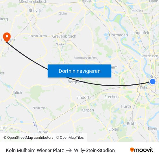 Köln Mülheim Wiener Platz to Willy-Stein-Stadion map