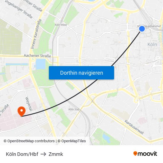 Köln Dom/Hbf to Zmmk map