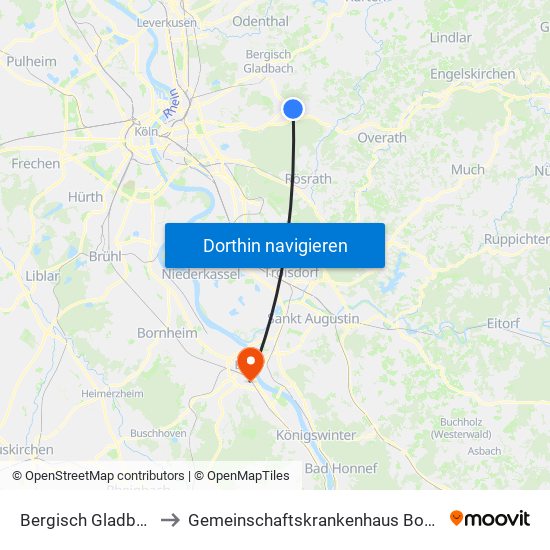 Bergisch Gladbach Bensberg to Gemeinschaftskrankenhaus Bonn Haus Sankt Elisabeth map