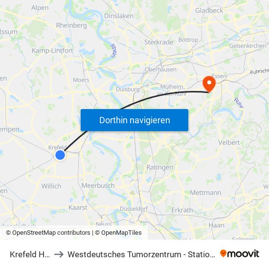 Krefeld Hbf to Westdeutsches Tumorzentrum - Stationen map