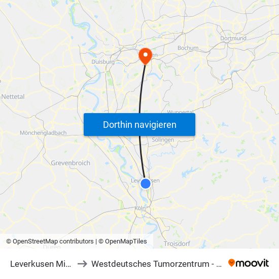 Leverkusen Mitte Bf to Westdeutsches Tumorzentrum - Stationen map