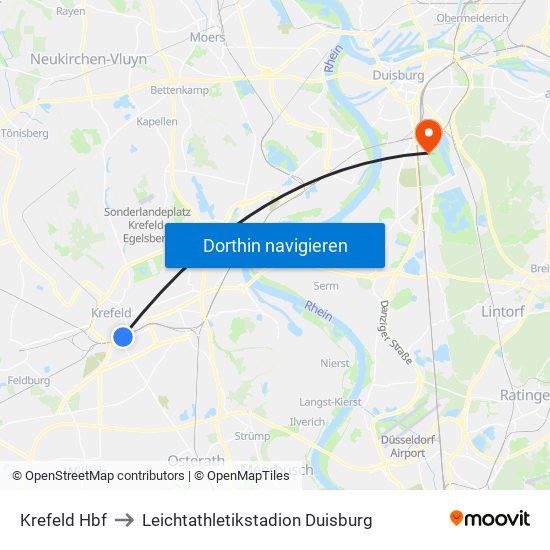 Krefeld Hbf to Leichtathletikstadion Duisburg map