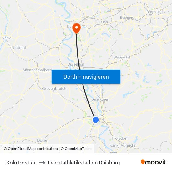 Köln Poststr. to Leichtathletikstadion Duisburg map