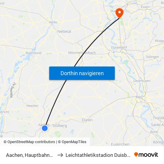 Aachen, Hauptbahnhof to Leichtathletikstadion Duisburg map