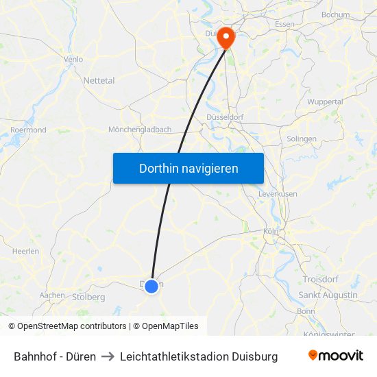 Bahnhof - Düren to Leichtathletikstadion Duisburg map