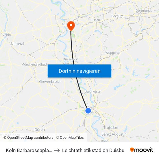 Köln Barbarossaplatz to Leichtathletikstadion Duisburg map