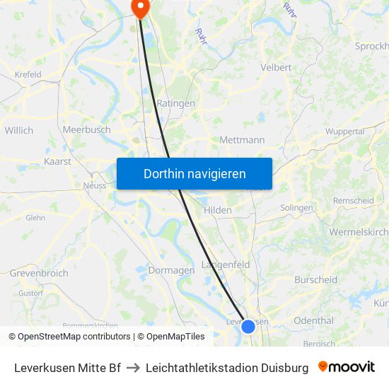 Leverkusen Mitte Bf to Leichtathletikstadion Duisburg map