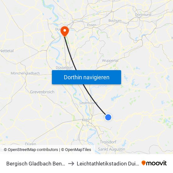 Bergisch Gladbach Bensberg to Leichtathletikstadion Duisburg map