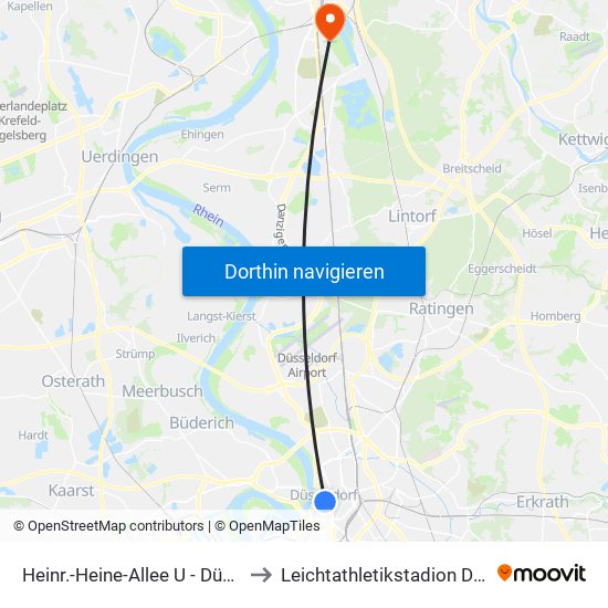 Heinr.-Heine-Allee U - Düsseldorf to Leichtathletikstadion Duisburg map