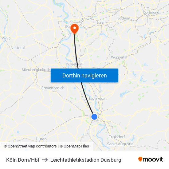 Köln Dom/Hbf to Leichtathletikstadion Duisburg map