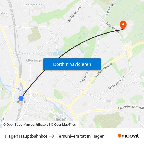 Hagen Hauptbahnhof to Fernuniversität In Hagen map