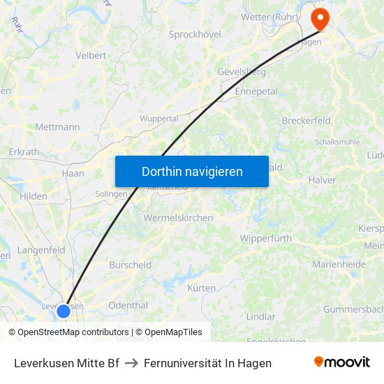 Leverkusen Mitte Bf to Fernuniversität In Hagen map