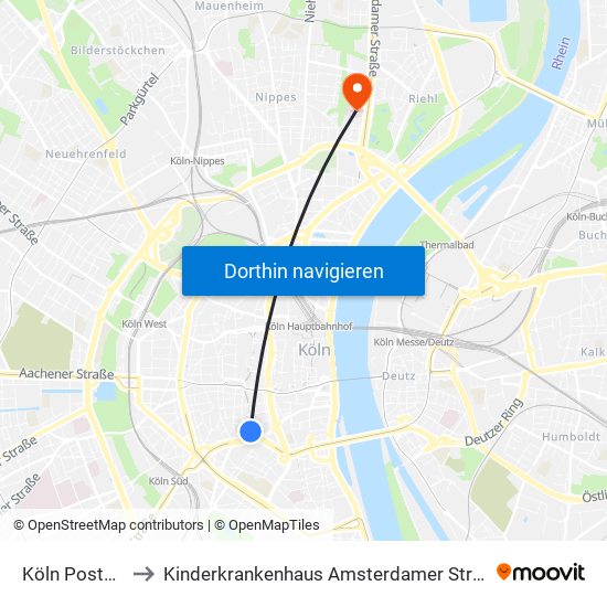 Köln Poststr. to Kinderkrankenhaus Amsterdamer Straße map