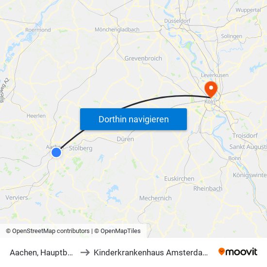 Aachen, Hauptbahnhof to Kinderkrankenhaus Amsterdamer Straße map