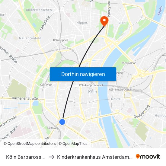 Köln Barbarossaplatz to Kinderkrankenhaus Amsterdamer Straße map