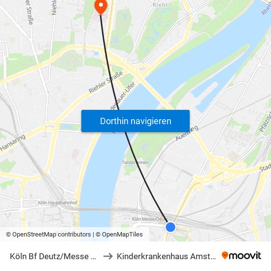 Köln Bf Deutz/Messe Lanxess Arena to Kinderkrankenhaus Amsterdamer Straße map