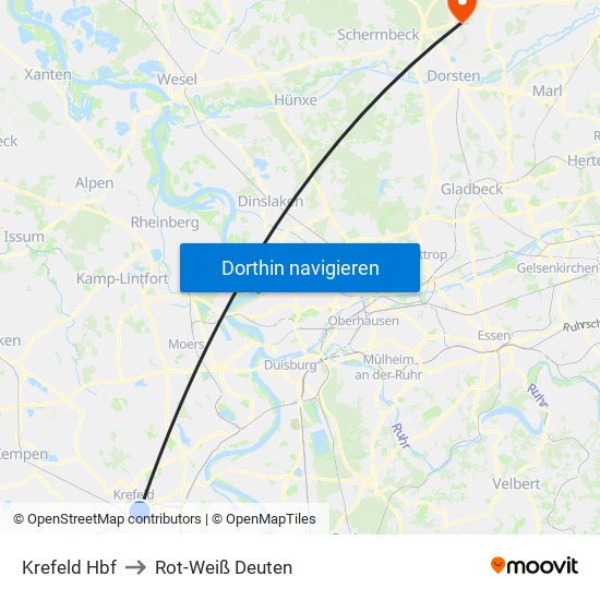 Krefeld Hbf to Rot-Weiß Deuten map