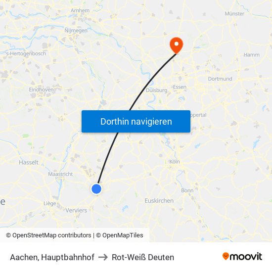 Aachen, Hauptbahnhof to Rot-Weiß Deuten map