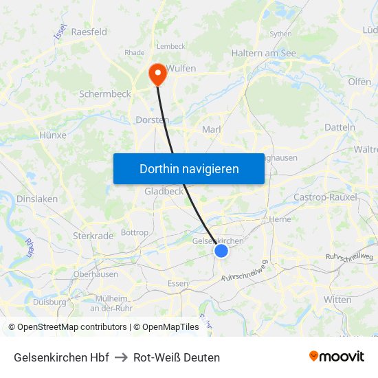 Gelsenkirchen Hbf to Rot-Weiß Deuten map