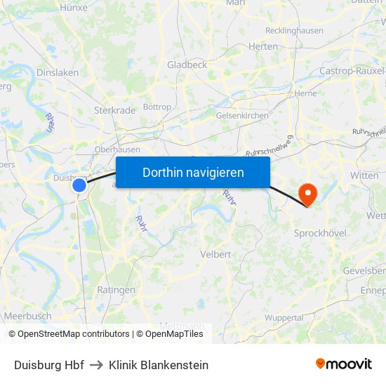 Duisburg Hbf to Klinik Blankenstein map