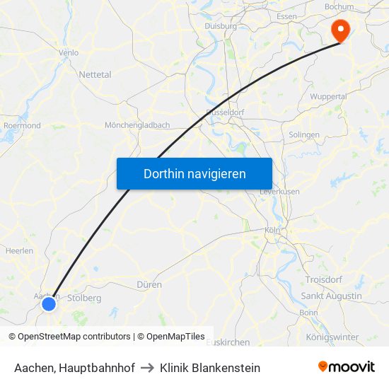 Aachen, Hauptbahnhof to Klinik Blankenstein map