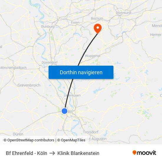 Bf Ehrenfeld - Köln to Klinik Blankenstein map