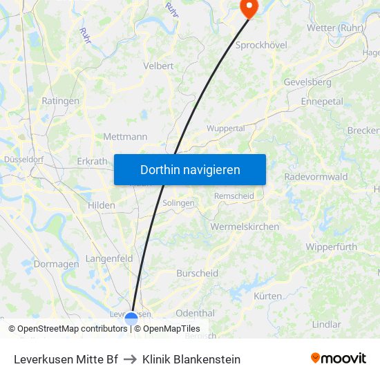 Leverkusen Mitte Bf to Klinik Blankenstein map