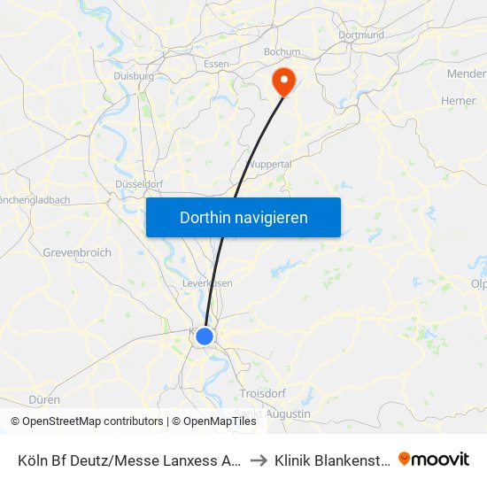 Köln Bf Deutz/Messe Lanxess Arena to Klinik Blankenstein map