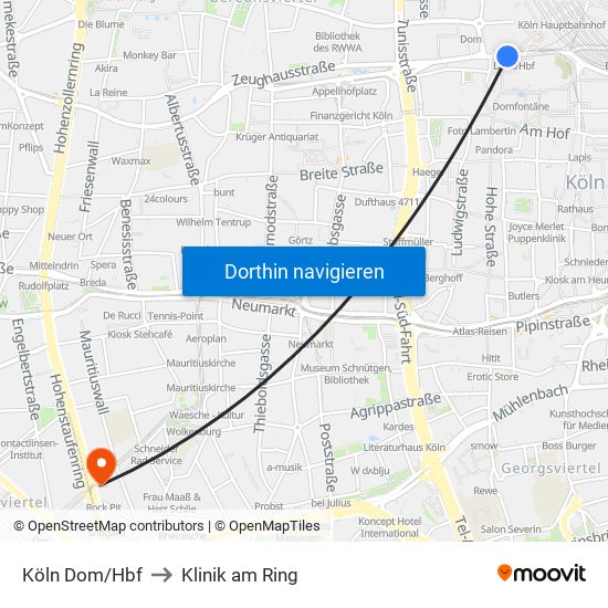 Köln Dom/Hbf to Klinik am Ring map