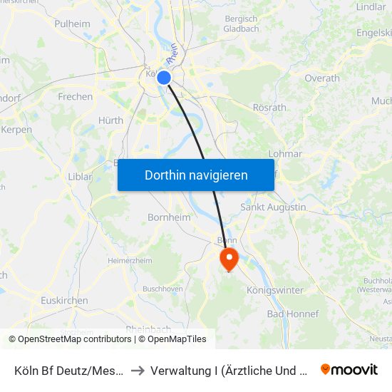 Köln Bf Deutz/Messe Lanxess Arena to Verwaltung I (Ärztliche Und Kaufmännische Direktion) map