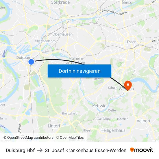 Duisburg Hbf to St. Josef Krankenhaus Essen-Werden map