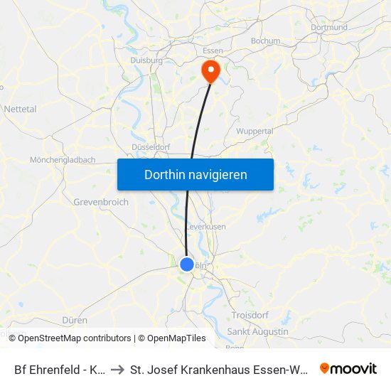 Bf Ehrenfeld - Köln to St. Josef Krankenhaus Essen-Werden map