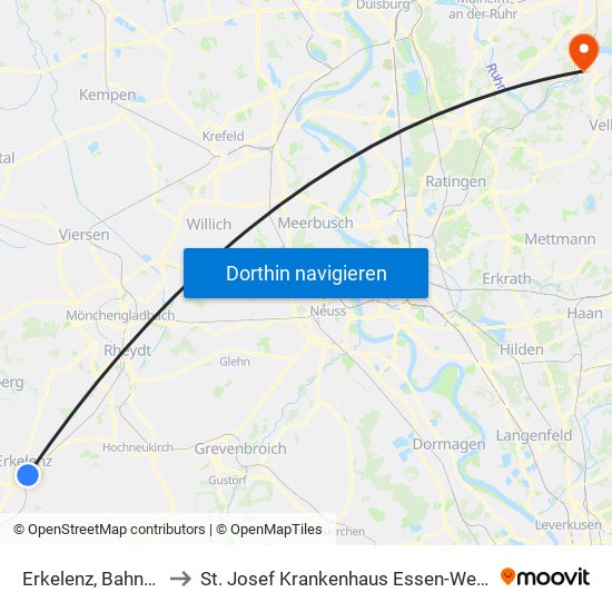 Erkelenz, Bahnhof to St. Josef Krankenhaus Essen-Werden map