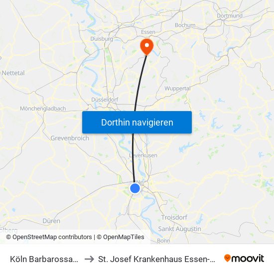 Köln Barbarossaplatz to St. Josef Krankenhaus Essen-Werden map