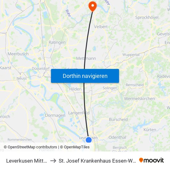 Leverkusen Mitte Bf to St. Josef Krankenhaus Essen-Werden map