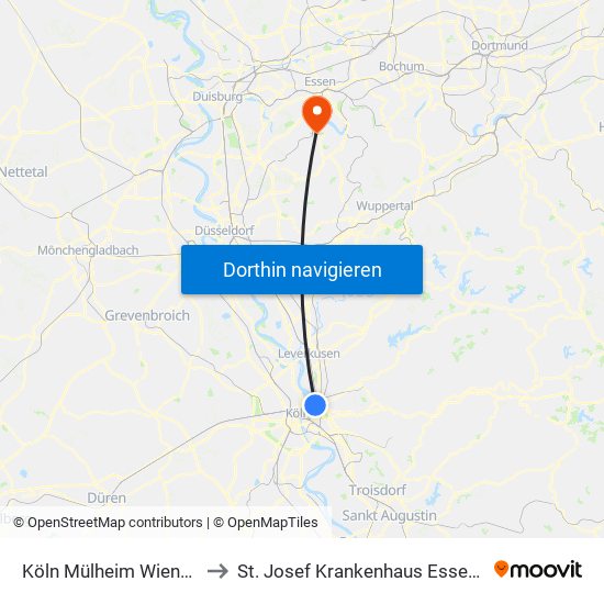 Köln Mülheim Wiener Platz to St. Josef Krankenhaus Essen-Werden map