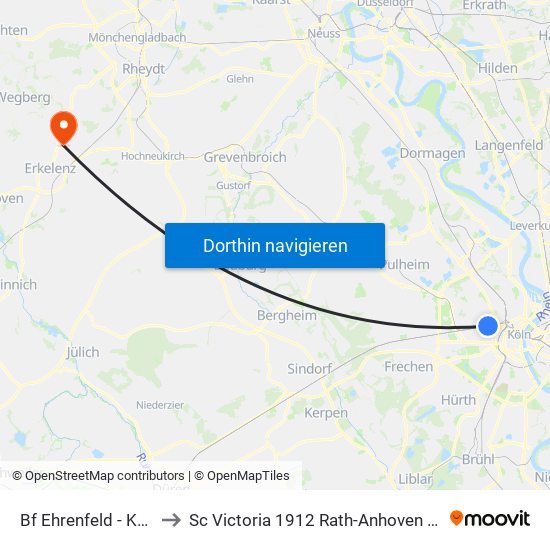 Bf Ehrenfeld - Köln to Sc Victoria 1912 Rath-Anhoven E.V. map