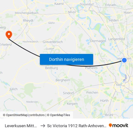 Leverkusen Mitte Bf to Sc Victoria 1912 Rath-Anhoven E.V. map