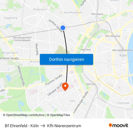 Bf Ehrenfeld - Köln to Kfh Nierenzentrum map