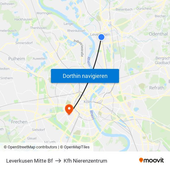 Leverkusen Mitte Bf to Kfh Nierenzentrum map