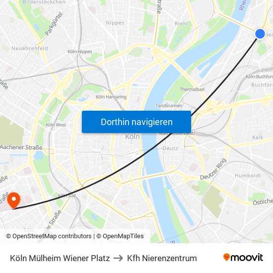 Köln Mülheim Wiener Platz to Kfh Nierenzentrum map