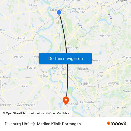 Duisburg Hbf to Median Klinik Dormagen map