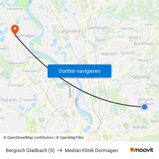 Bergisch Gladbach (S) to Median Klinik Dormagen map