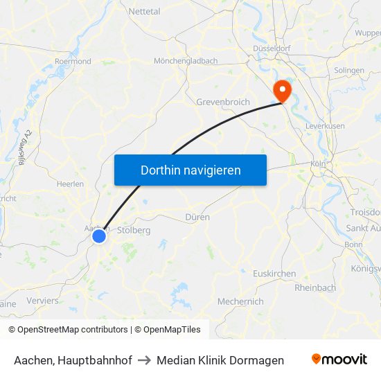 Aachen, Hauptbahnhof to Median Klinik Dormagen map