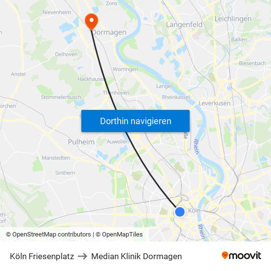 Köln Friesenplatz to Median Klinik Dormagen map