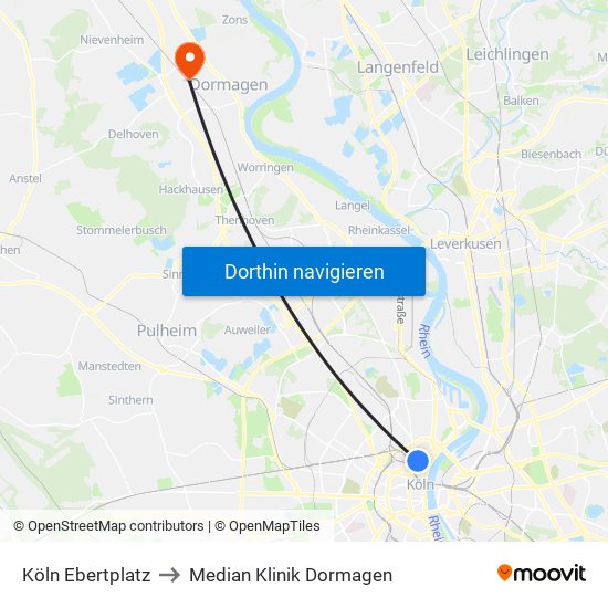 Köln Ebertplatz to Median Klinik Dormagen map