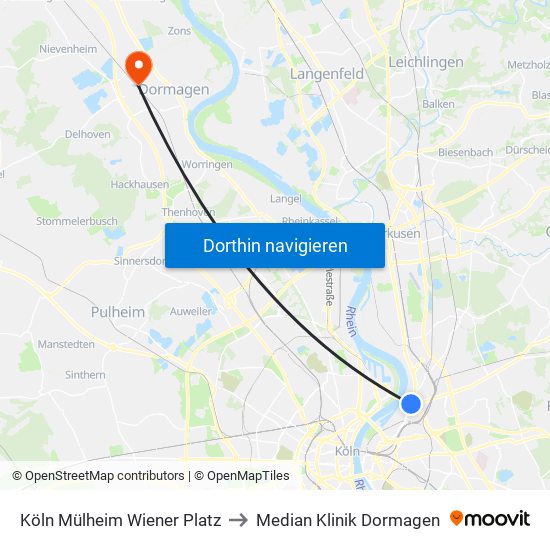 Köln Mülheim Wiener Platz to Median Klinik Dormagen map