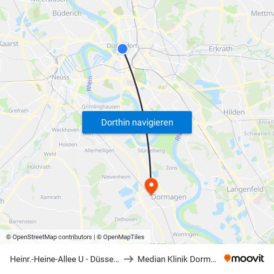 Heinr.-Heine-Allee U - Düsseldorf to Median Klinik Dormagen map